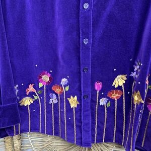 Quacker Factory Medium Faux Velvet Floral Women's Button Up Shirt Cotton